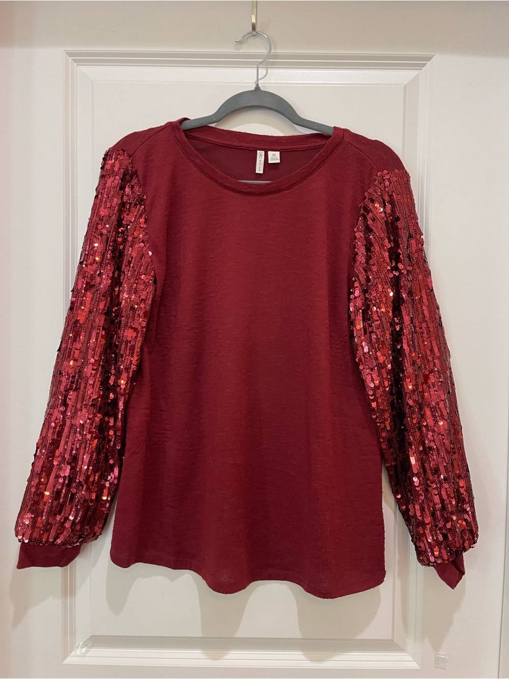 Cato Burgundy Wine Red Sequin Long Sleeve Top Knit Blouse Medium